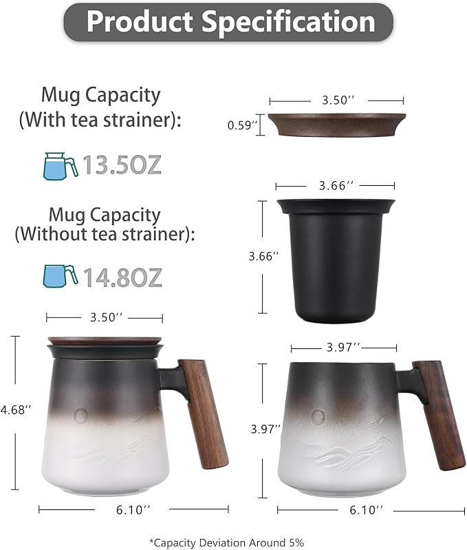 ZENS Tea Mug with Infuser and Lid for Loose Leaf Tea Steeper, 14.5 oz Embossed Ceramic Tea Cup with Fine Strainers and Wood Handle, Diffusers Accessories for Tea Lovers Gifts
