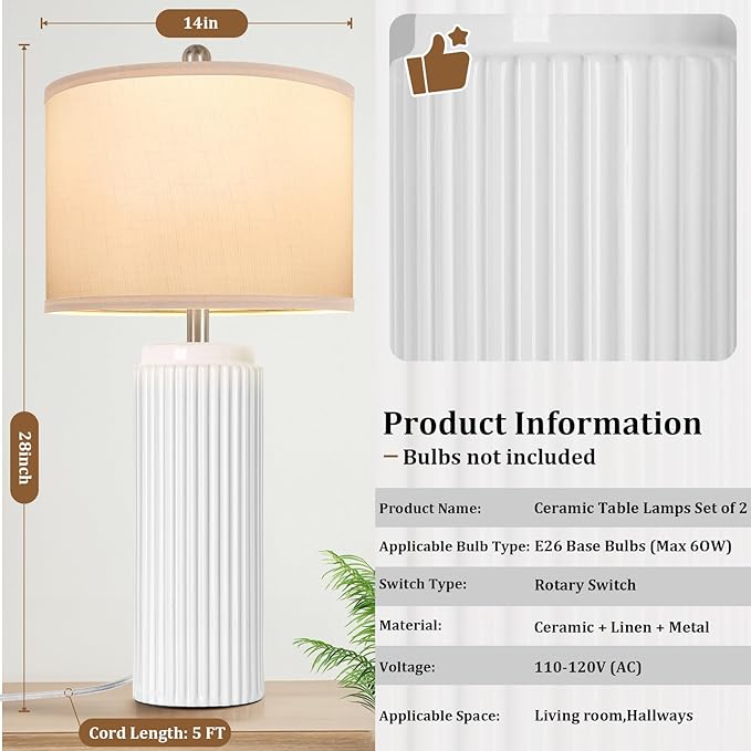 TOBUSA 28’’ Modern White Ceramic Lamps Set of 2 for Living Room, Vintage Nightstand Lamps for Bedroom, Farmhouse Bedside Lamps with Linen Shade, Elegant Decor Lamp Sets for Home Office - Bloomnest