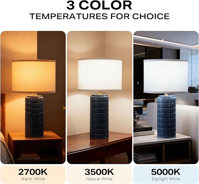 Modern Ceramic Table Lamp Set of 2, Bedside Lamp for Bedroom Decor, Nightstand Lamp with 3 Color Temperatures, Desk Light for Living Room Dorm Office, Blue - Bloomnest