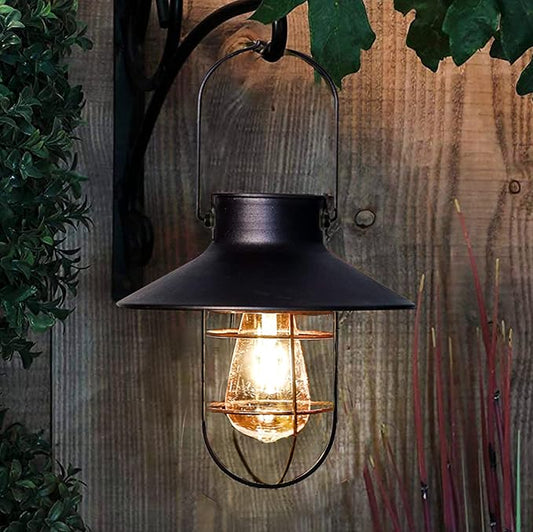 pearlstar Solar Lantern Outdoor Hanging Light Metal Solar Lamp with Warm White Edison Bulb Design for Garden Yard Patio Proch Decor(Black) - Bloomnest
