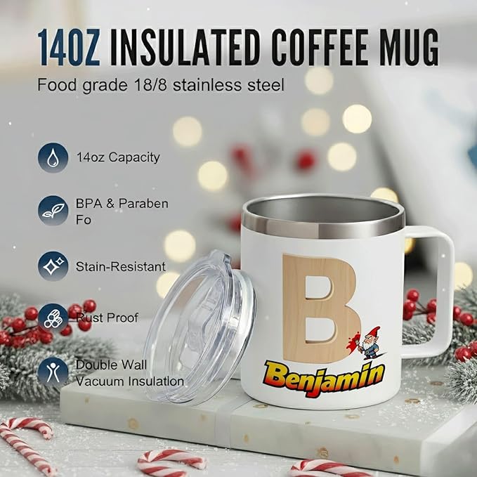 Personalized Gnome Mug with Name and Initial - Funny 12oz Insulated Stainless Steel Coffee Cup Tumbler with Handle & Lid - Custom Gifts for Boys, Kids - Wood Texture Monogram (B152) - Bloomnest