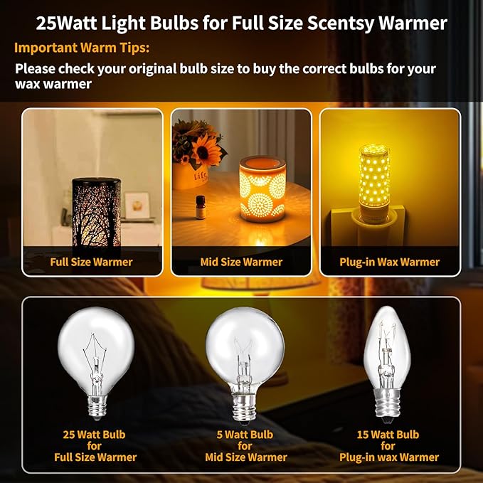 8 Pack 25 Watt Wax Warmer Bulbs Replacement Light Bulb for Full Size Scentsy Warmer 120V G50 E12 Incandescent Standard Base for Indoor Outdoor Patio String Lights - Bloomnest