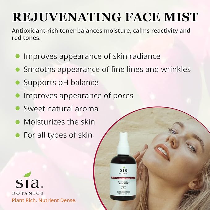 Sia Botanics Rejuvenating Face Toner Mist (118ml/4oz Bottle) | Facial Treatment w/Prickly Pear, Aloe Vera, Orange Blossom | Natural, Clean, Botanical Skincare for Women - Bloomnest