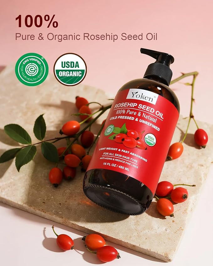 Organic Rosehip Seed Oil, USDA 100% Pure Rosehip Oils for Face, Hair & Body, Large Glass Bottle 16 fl oz Cold Pressed Rose Hip Oil for Skin Care, Moisturizing, Massage, Gua Sha & DIY Blends - Bloomnest
