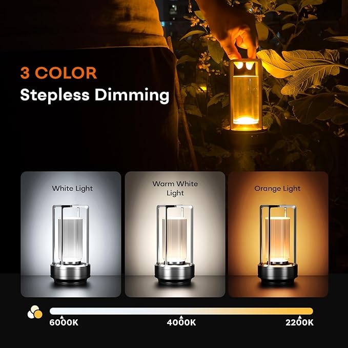 Portable Metal Table Lamp for Indoor/Outdoor ,Rechargeable Cordless LED Lamp, 3-Colour Infinitely Dimming Battery Powered Small Desk Lamp, Restaurant/Bedroom/Bar/Coffee/Camping Light (Grey Set of 2) - Bloomnest