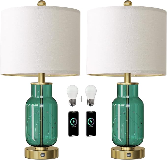 Oneach 22" Glass Table Lamps Set of 2, Green Modern Bedside Lamp with LED Night Light for Living Room, Nightstand Lamp with USB Ports for Bedrooms, Study Room, End Table(2 Bulbs Included) - Bloomnest
