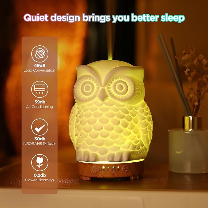Owl Ceramic Aromatherapy Diffuser INRORANS 160ml Stone ultrasonic Cool Mist Scent Essential Oil Diffuser Humidifier with Intermittent Mist & LED 7 Colors Changing Night Light for Bedroom Office Home - Bloomnest
