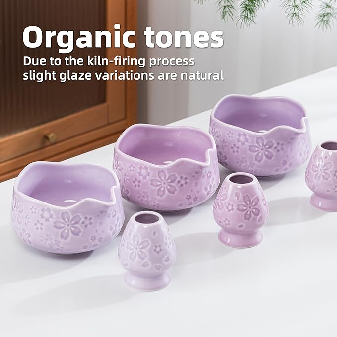 TEANAGOO 7-PCS Purple Matcha Whisk Set with Cherry Blossom Design, Complete Ceremony Kit, Ceramic Chawan Bowl with Spout, Whisk & Accessories, Traditional Matcha Tea Set for Lattes& Gift Giving - Bloomnest