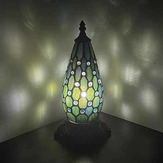 Small Tiffany Lamp Stained Glass Table Lamp 5.5X11 Inch Christmas Tree Lighthouse Mini Accent Memory Sympathy Antique Night Light for Bedroom Living Room (Blue Pearl)