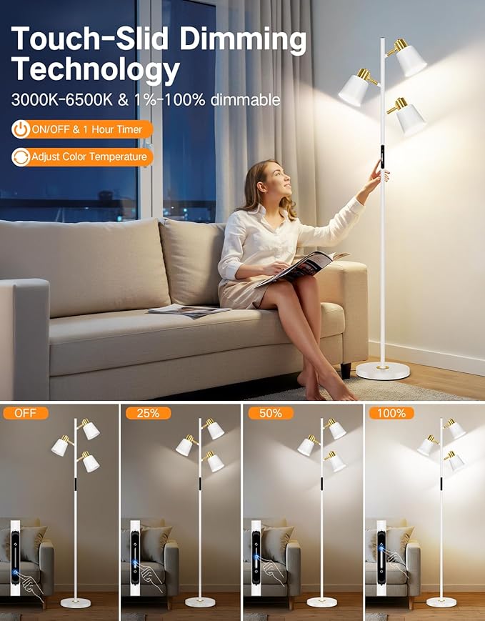 OUTON LED Tree Floor Lamp, Modern Dimmable Standing Lamp with Remote & Touch Control, 4 Color Temperatures, 3 Rotatable Lights Floor Lamps for Living Room, Bedroom, Office, White & Gold - Bloomnest