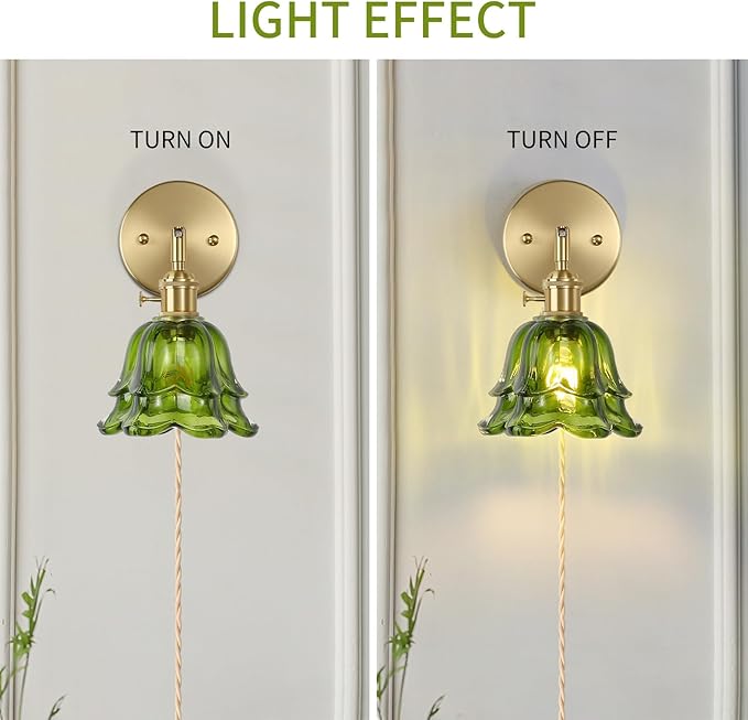 Vintage Plug in Wall Sconces Set of 2, Rose Green Lampshade & 180 Degree Adjustable, Brass Wall Lights, for Bedroom Living Room Hallway Aisle, Bulbs Not Included, ETL Listed - Bloomnest