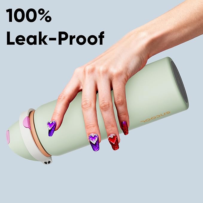 Insulated Water Bottle with Straw - Encool Stainless Steel Water Bottle with Push Button Lid, Leak-Proof & BPA-Free, Keeps Cold for 24 Hours for Sports, Travel, Gym (32 oz, Geyser Green) ENCOOL