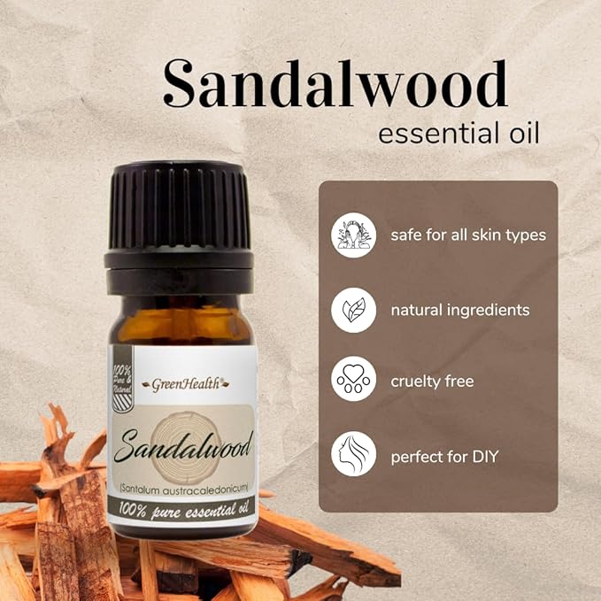 Sandalwood Essential Oil – 5 ml – 100% Pure & Natural – Premium Therapeutic Grade for Aromatherapy, Relaxation, Skin & Diffuser – GreenHealth Greenals