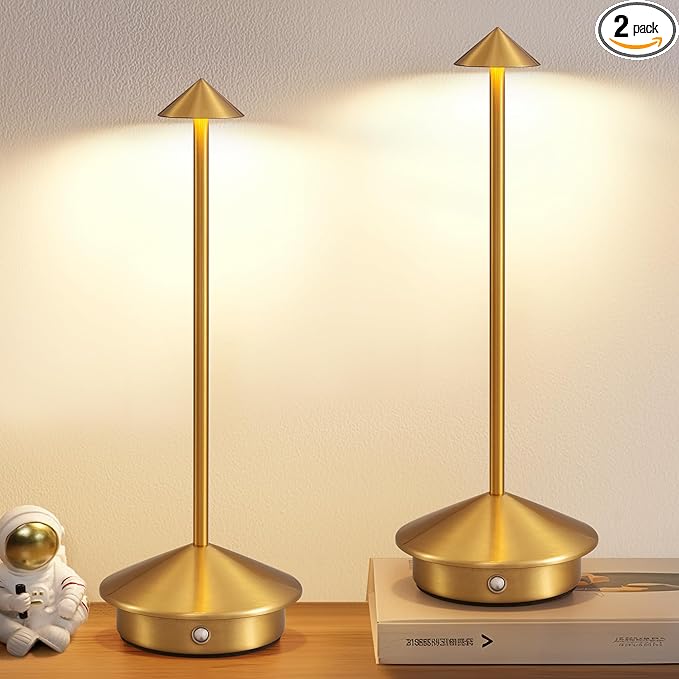 Modern Cordless Table Lamp Set of 2, Portable LED Desk Lamps, 5000mAh Rechargeable Battery Operated Lighting for Bedroom Dining Room Restaurant Coffee Shop Camping Night Light (Gold) - Bloomnest