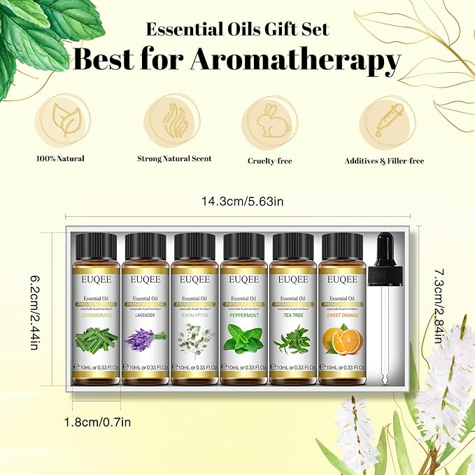 EUQEE Classic Essential Oil Set of 6 Pure Essential Oil Gift Set for Diffusers, Soap Candle Making - Lavender, Eucalyptus, Peppermint, Tea Tree, Sweet Orange, Lemongrass Aromatherapy Oils -10ml