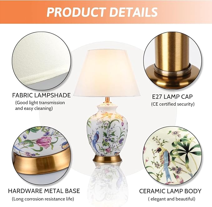22.44' Flower and Bird Ceramic Table Lamp - White Chinoiserie Design for Bedroom, Living Room and More - Bloomnest