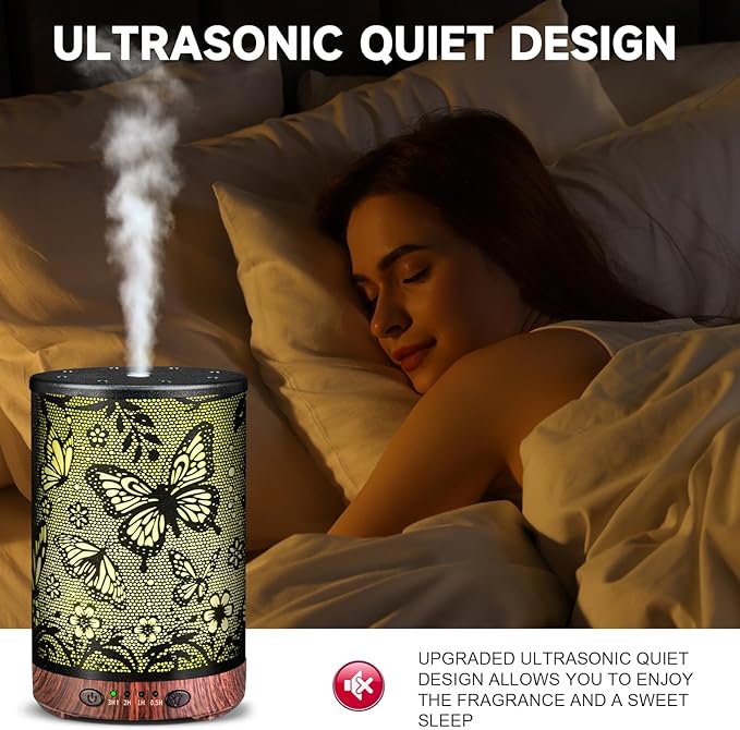 Essential Oil Diffuser 120ML Metal Aromatherapy Diffuser with Timer, Cool Mist Humidifier with Auto Shut-Off & 7 Color Lights for Home Office Spa (Big Butterfly) - Bloomnest