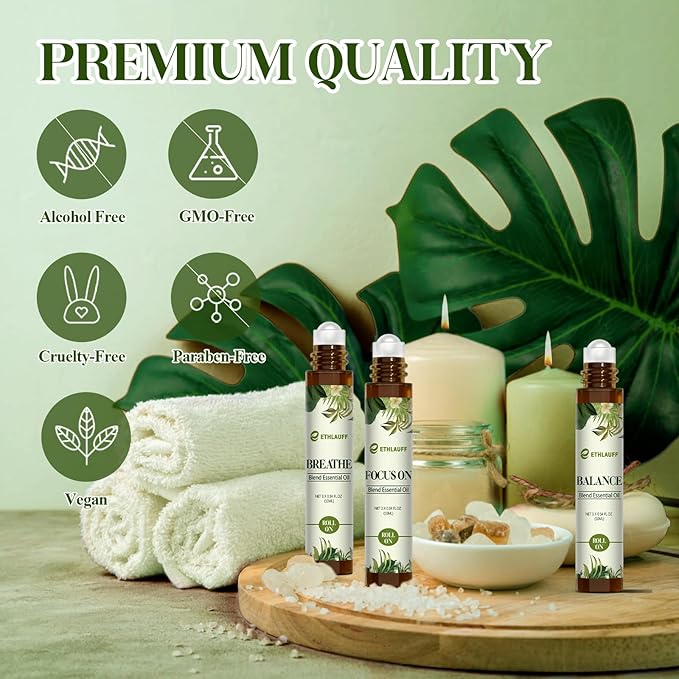 Essential Oils Roll On Set 3 Pack (Breathe, Focus on, Balance) - Essential Oil Blend Stress Relief Gift Aromatherapy Self Care Gift for Women, 3 * 10ml - Bloomnest