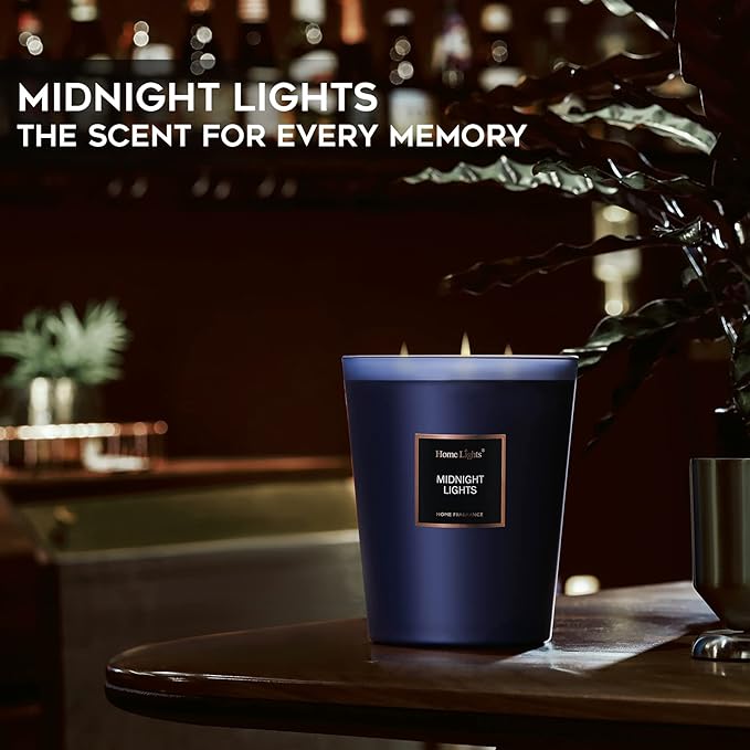 HomeLights Highly Scented Soy Candles Big 33.3 oz for Home. 3 Cotton Wicks, Smokeless Long Lasting 130 hrs in Midnight Lights. 5x6, Great Gift for Women & Men - Bloomnest