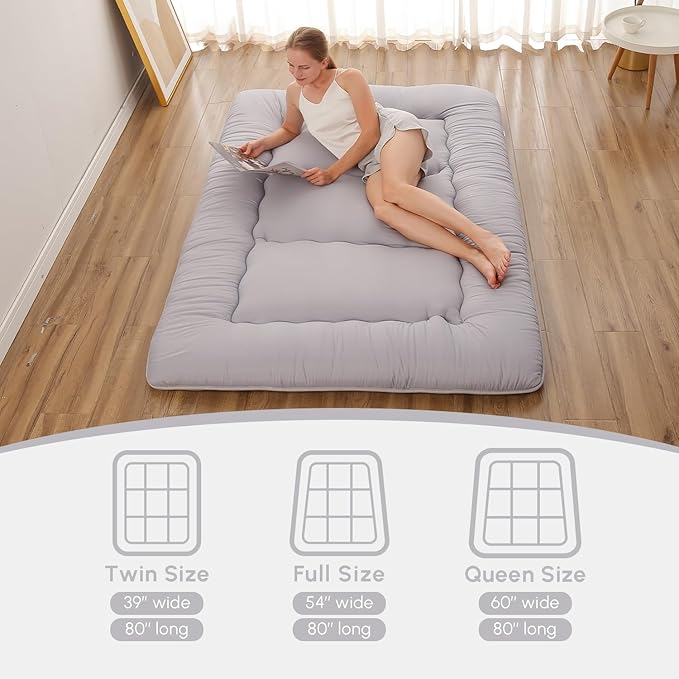 Japanese Floor Mattress, Futon Mattress with Storage Bag and Washable Cover, Roll Up Tatami Mat Suitable for Guest Room, Grey, Queen - Bloomnest