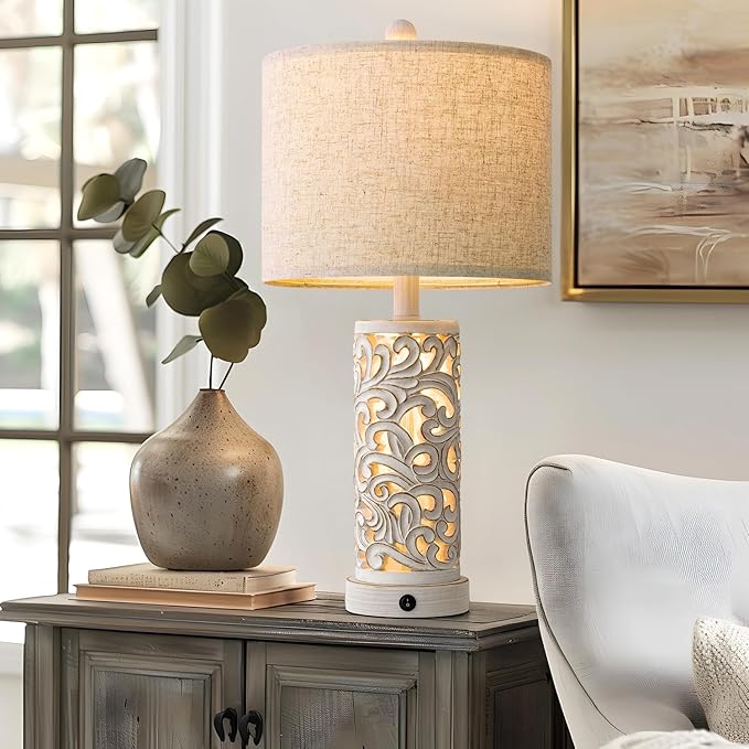 OYEARS 22'' Table Lamp Set of 2 for Living Room,Farmhouse Lamp for for Bedroom,Vintage Retro Bedside Lamps with USB Ports Linen Shade for Home Office (Wash White, Bulb Included) - Bloomnest