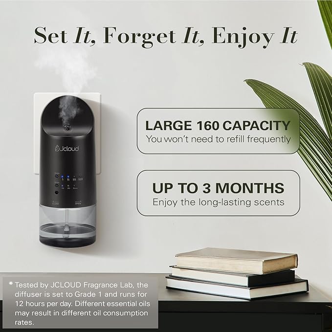 JCLOUD 2025 Plug in Diffuser for Essential Oils, Waterless Scent Diffuser Cover Up to 500 Sq. Ft. for Home, Office, Spa - Portable Wall Aromatherapy Device 160ML, Black - Bloomnest