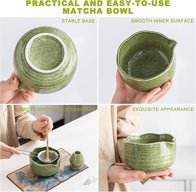Matcha Set 7-Piece Tea Set with Brush, Bowl, Whisk, Strainer, Chasen, for Matcha Tea Ceremony (Matcha Green) - Bloomnest