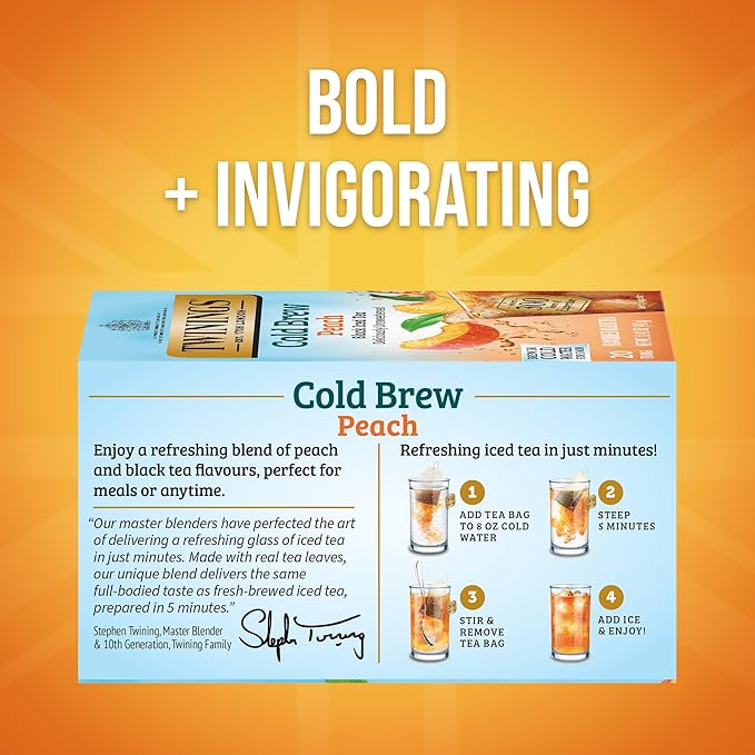 Twinings Peach Cold Brew Iced Tea Bags, 20 Count (Pack of 2), Unsweetened Flavoured Black Tea, Caffeinated, 20 Teabags - Bloomnest