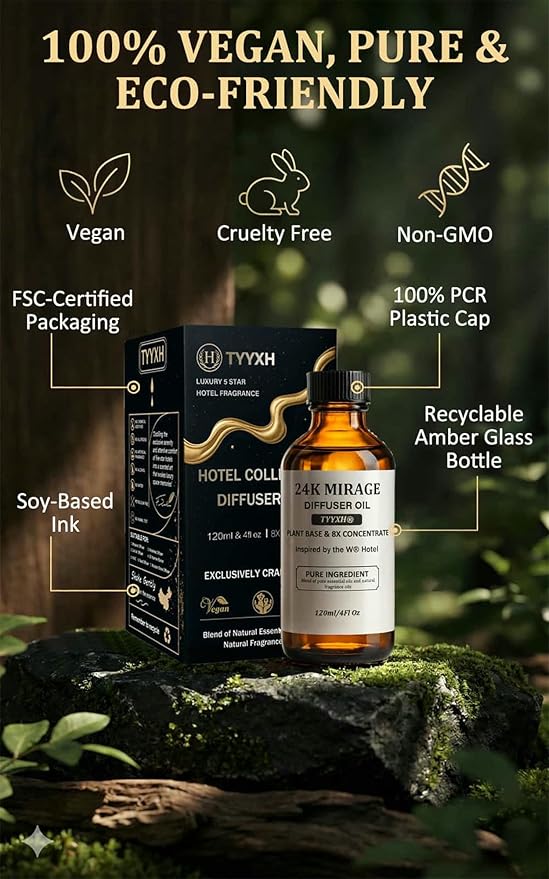 24K Hotel Diffuser Oil Inspired by W Hotel – Fragrance & Essential Oil Blend for Waterless & Cold Air Diffusers – Citrus, Lemongrass, Jasmine – Long-Lasting Aroma – Aromatherapy – 4 Fl Oz Glass Bottle - Bloomnest