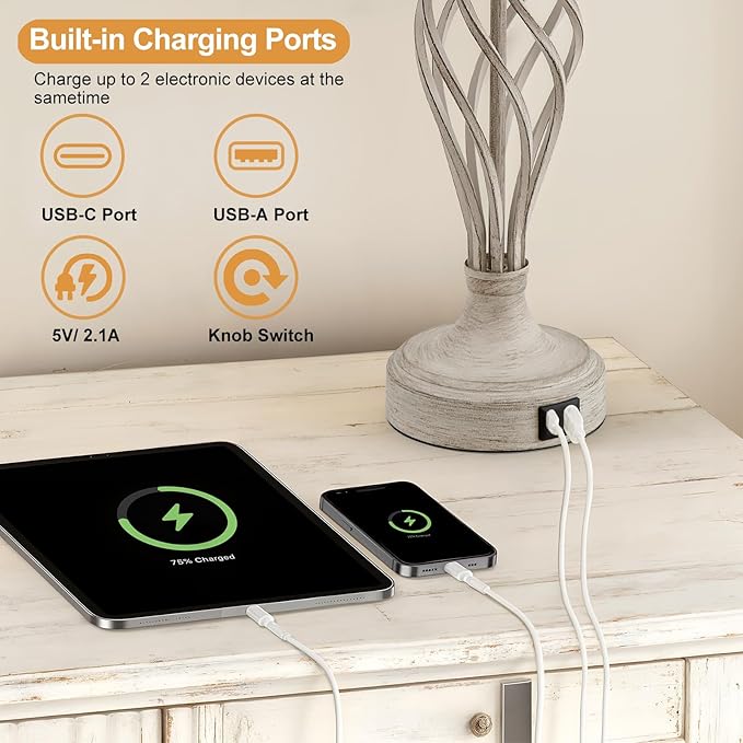 Table Lamp for Bedroom Set of 2 - Light Grey Bedside Lamps with USB C+A Ports,Rustic Distressed Farmhouse Bedroom Lamp - Lamp for Living Room Reading Bed Side End Table Bulbs Included - Bloomnest