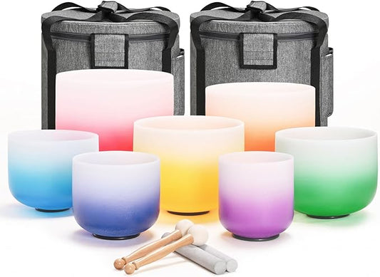 432HZ 7PCS Set Of 6-12 Inch Aria Gradient Design Frosted Quartz Crystal Singing Bowls With 2 PCS Travel Carry Case Bag. - Bloomnest