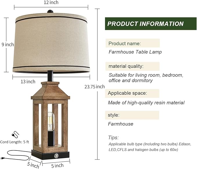 23.75" Farmhouse Table Lamps USB A+C Charging Ports 3-Way Dimmable Touch Control Lamp Nightlight Vintage Modern Lamp for Living Room Bedroom with 2 Light Sources - Bloomnest