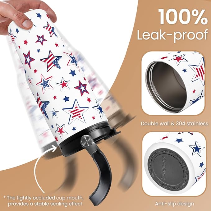 SANDJEST American Flag Star Tumbler with Handle 30oz, Stainless Steel Insulated Flip Straw Tumblers Coffee Travel Mug Cup, USA America Gifts for Women Girl for Birthday Christmas - Bloomnest