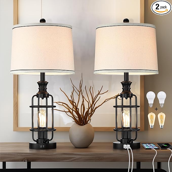 26.3”Table Lamps Set of 2 with USB Charging Ports,Farmhouse Bedside Nightstand Lamp with Rotary Switch,Rustic Reading Lamps Industrial Desk Lamps for Bedroom Living Room,Bulbs Included - Bloomnest