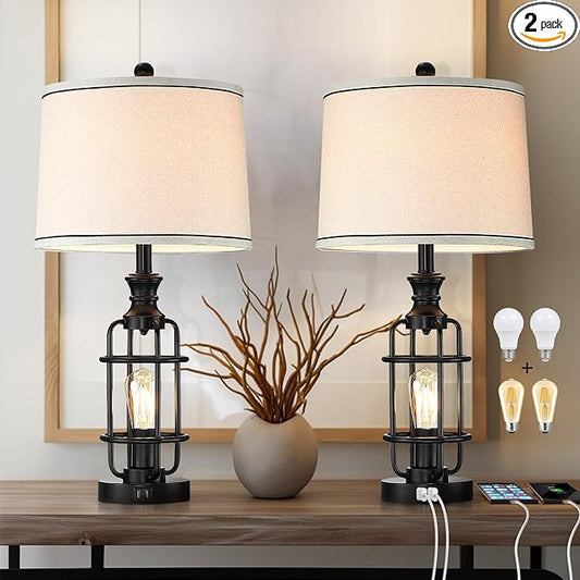 26.3”Table Lamps Set of 2 with USB Charging Ports,Farmhouse Bedside Nightstand Lamp with Rotary Switch,Rustic Reading Lamps Industrial Desk Lamps for Bedroom Living Room,Bulbs Included - Bloomnest