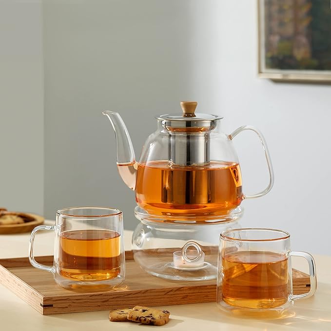 CNGLASS Glass Teapot with Infuser(37.5oz),Clear Tea Kettle with Removable Stainless Steel Strainer,Stovetop Safe Glass Teapot for Blooming and Loose Leaf Tea - Bloomnest