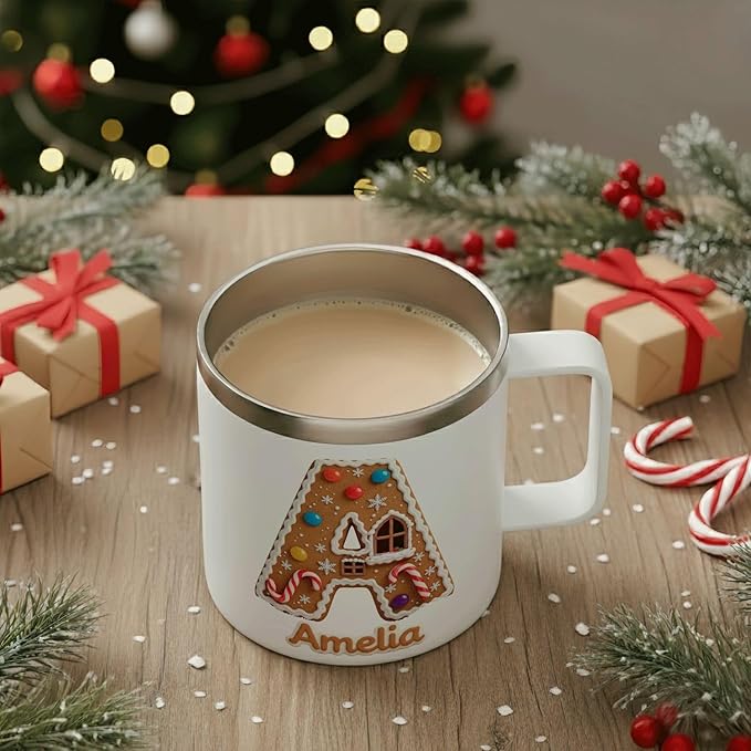 Personalized Christmas Mug | Custom Gingerbread House Initial Insulated Coffee Cup with Handle & Lid | 12oz Holiday Tumbler, Cute Baking & Stocking Stuffer Gift (B17) - Bloomnest