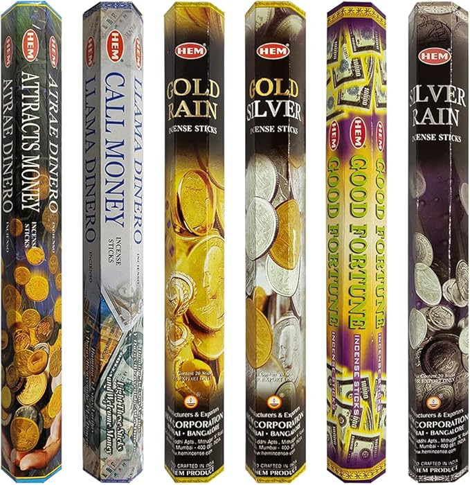 Hem Incense Sticks Variety Pack #29 and Incense Stick Holder Bundle with 6 Money and Good Luck Fragrances