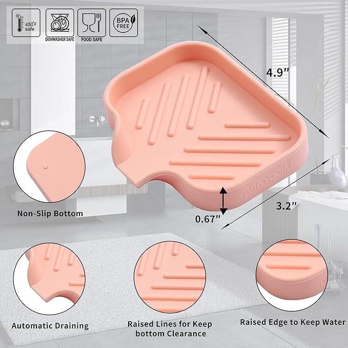 Silicone Bathroom Soap Dishes with Drain Spout-Bathroom and Kitchen Sink Organizer,Sponge Holder,Dish Soap Tray,Perfect for Dispenser,Scrubber,Bottle,Cup on Sink or Counter-Pink 4.9"×3.2" - Bloomnest
