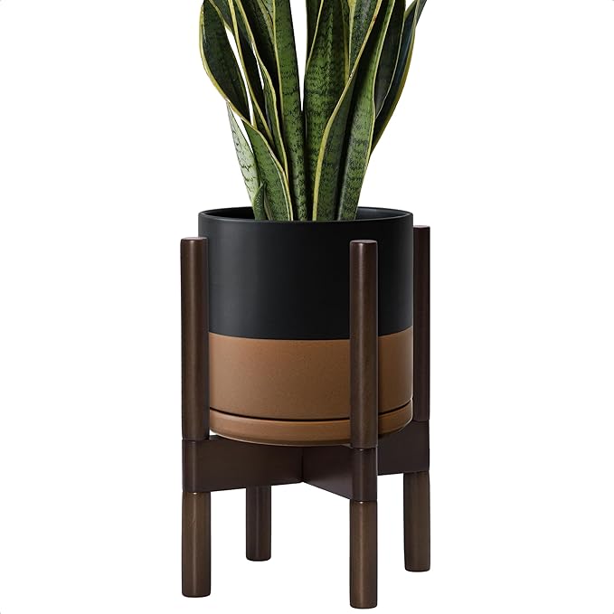 D'vine Dev Ceramic Planter with Walnut Color Stand - 8 Inch Modern Round Flower Pot with Wood Planter Holder, Black/Speckled Tan, 55-B-Y-7 - Bloomnest