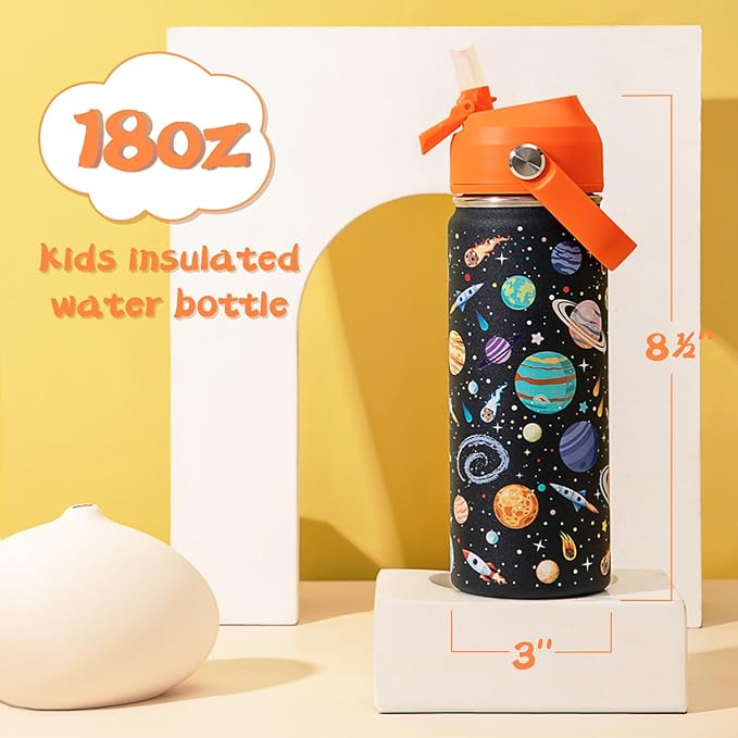 18oz Kids Insulated Water Bottle with Straw Lid - 18/8 Stainless Steel Kid Cup BPA-FREE Travel Tumbler Double Wall Vacuum Leak Proof Portable Toddler Water Bottle (Space) - Bloomnest