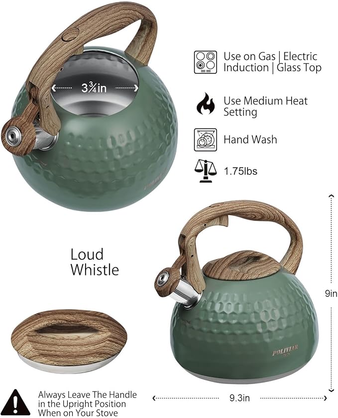 POLIVIAR Tea Kettle, 2.7 Quart Stovetop Tea Kettle, Audible Whistling Teapot, Food Grade Stainless Steel for Anti-Rust, Anti Hot Handle, Suitable for All Heat Sources (JX2020-RH30-2) - Bloomnest