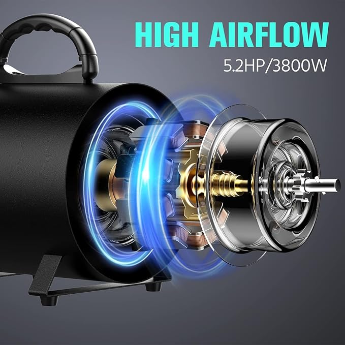 Pet Dryer, 5.2HP/3800W Pet Grooming with Adjustable Speed and Temperature Control Dog Blow Dryer, Pet Hair Dryer with 3 Nozzle - Bloomnest