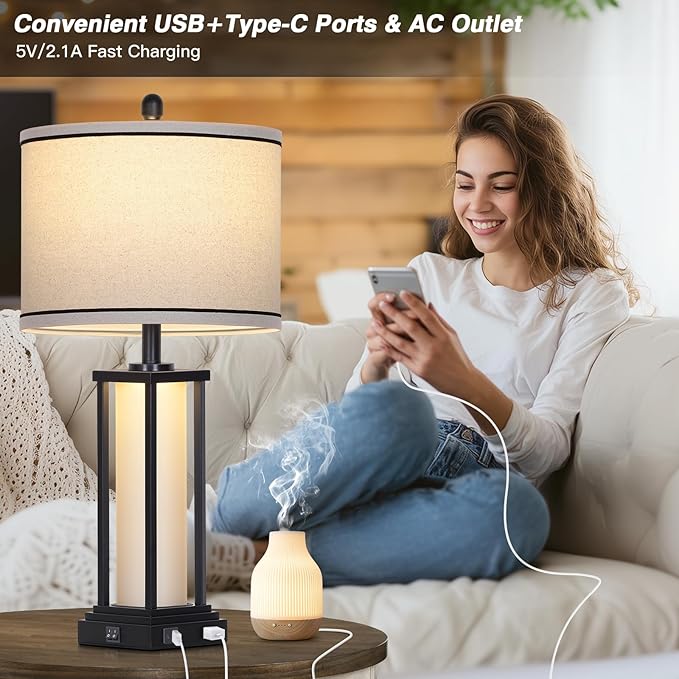 27in Tall Farmhouse Table Lamp with USB C+A & Outlet,Black Industrial End Table Lamp for Living Room,Vintage Rustic Bedside Lamp with Night Light for Bedroom Nightstand,Single Black - Bloomnest