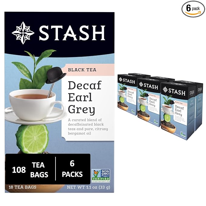 Stash Tea Decaf Earl Grey Black Tea - Decaf, Non-GMO Project Verified Premium Tea with No Artificial Ingredients, 18 Count (Pack of 6) - 108 Bags Total - Bloomnest