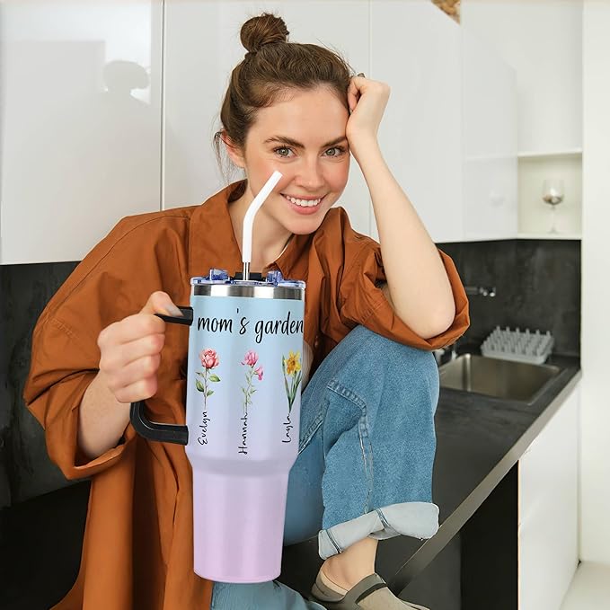 Personalized Birth Flower Tumbler with Handle and Straw Lid, Custom 40oz Cup with Name for Women, Mothers Day Birthday Gifts From Daughter, Stainless Steel Travel Coffee Tumbler, Gifts for Christmas - Bloomnest