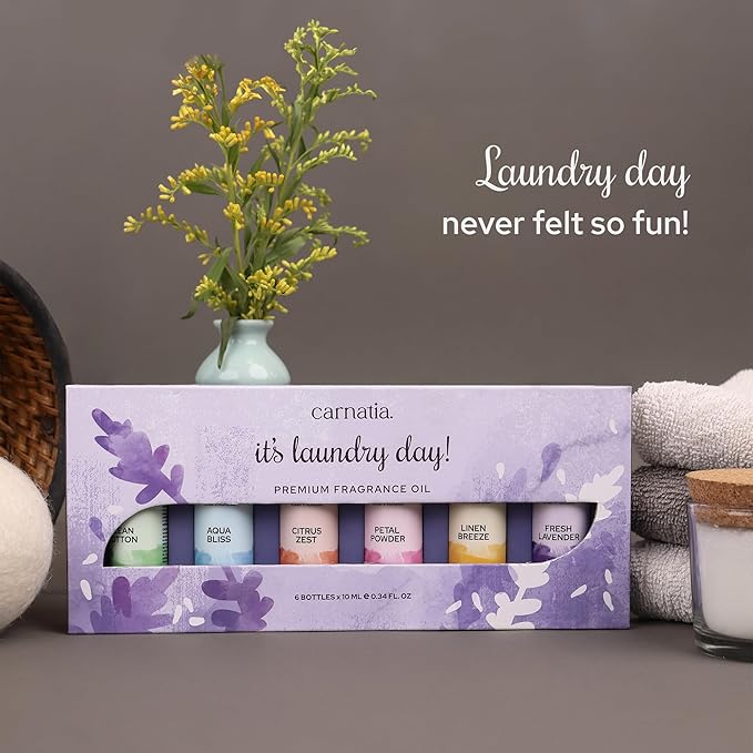 Carnatia Laundry Day Fragrance Oil Set – 6 Fresh & Clean Scents for Laundry, Linens & Home | Aromatherapy Oils for Dryer Balls, Diffusers & Room Freshening - Bloomnest