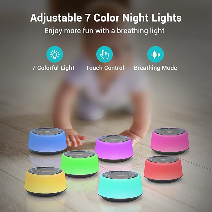 BGOVERSS White Sound Machine with 26 Soothing Sounds, 10 Colors Night Light Noise Machine for Adults Baby Kids, Sleep Machines with 6 Timers Portable Plug for Baby, Adults, Home Office Travel - Bloomnest
