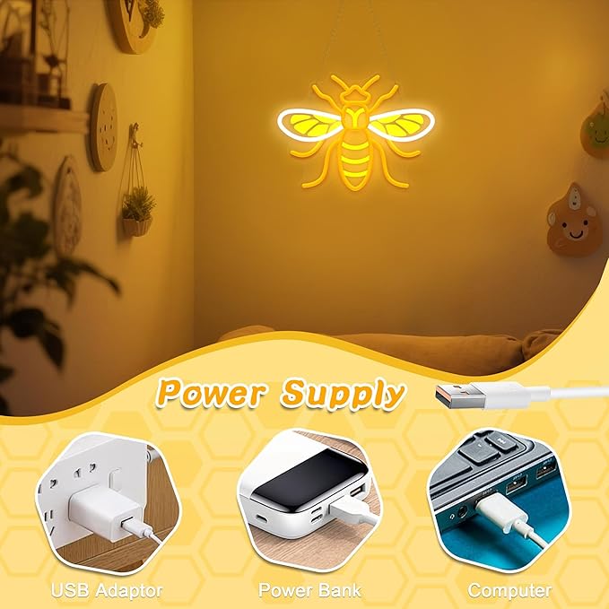 Attivolife Bumble Bee Neon Sign for Wall Decor, Light up LED Animal Neon Lamp with Dim USB Powered, Home Bedroom Classroom Party Stuff, Birthday Xmas Gifts for Kid Girl Boy Beekeeper - Bloomnest