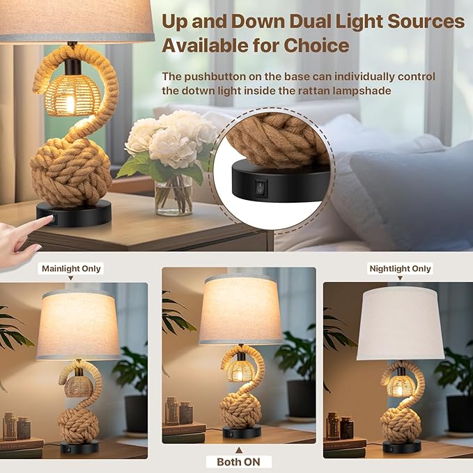 22" Rope Lamps for Night Stands, Dual-Lights Bedside Lamps Set of 2, Boho Table Lamps for Living Room, 3-Color Temperatures Boho Lamp with Rotary Switch, Rattan Lamp with USB Ports, 4 Bulbs Included - Bloomnest